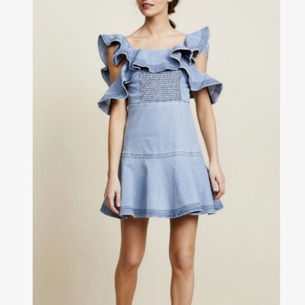 Tanya Taylor Ruffle Flutter Sleeve Denim Chambray Dress XS